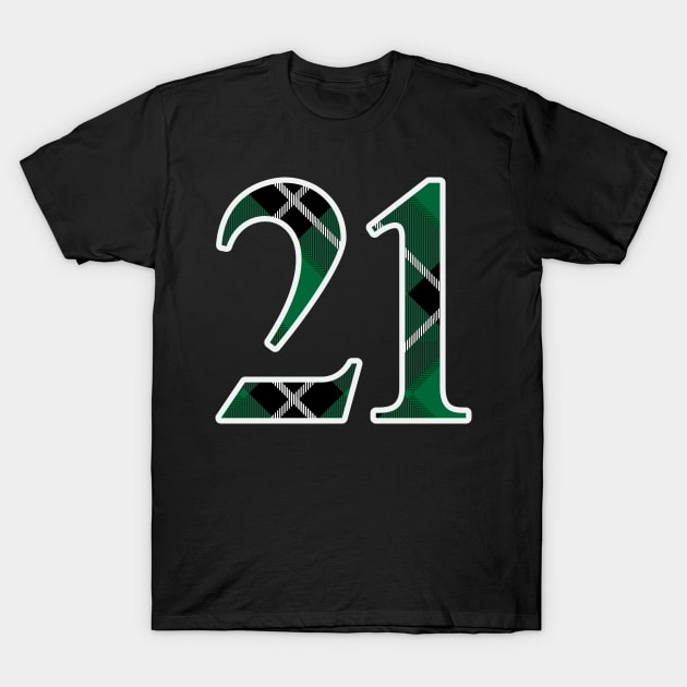 21 Sports Jersey Number Green Black Flannel T-Shirt by Design_Lawrence